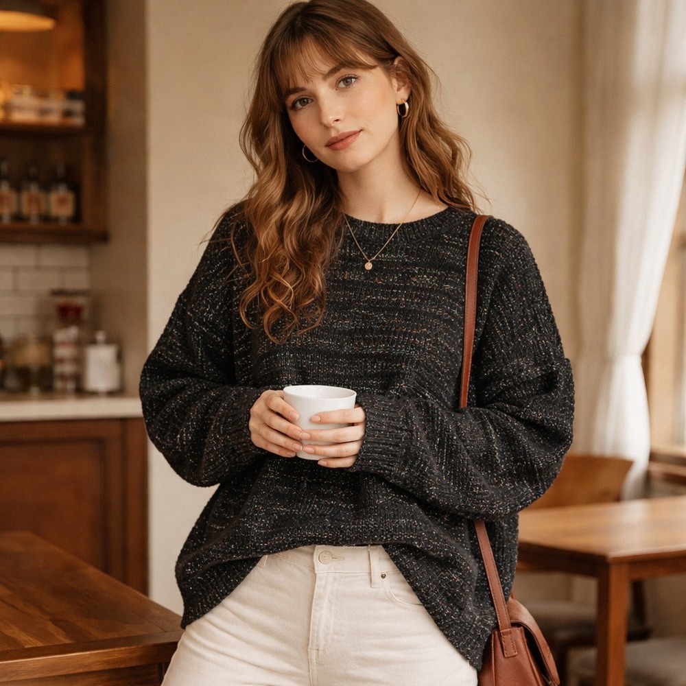 Vintage Miss Scotch English Oversized Sweater Black‎ Confetti Knit Women's L USA